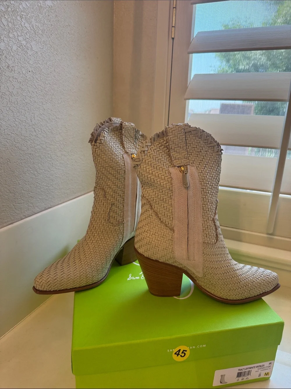 Sam Edelman Tracy Off White Woven Western Booties 8